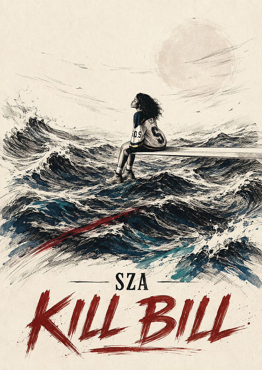 Illustrative artwork of SZA sitting on a diving board over rough ocean waves, inspired by the Kill Bill single artwork